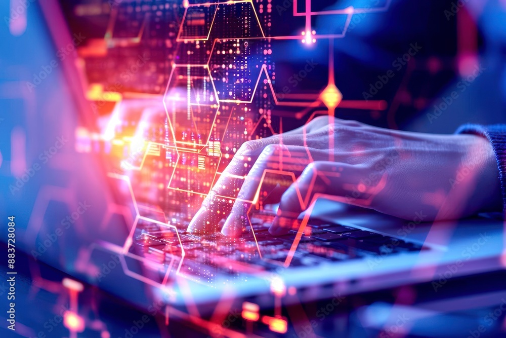 Poster closeup of a researcher typing on a laptop, highresolution, online data charts and cloud computing i