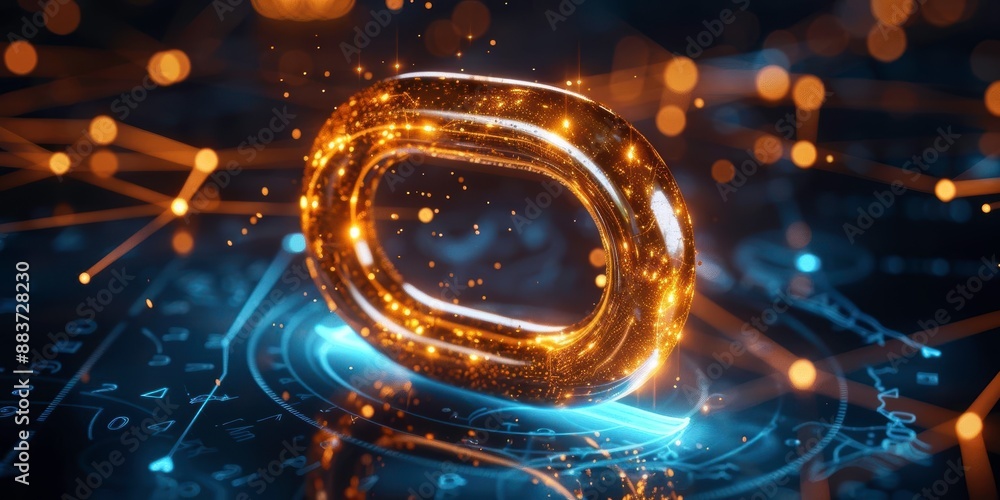 Poster digital golden ring surrounded by glowing lights and network lines on a futuristic background repres