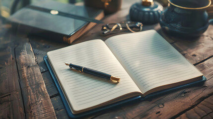 Fototapeta premium A fountain pen on an open notebook, wooden table background