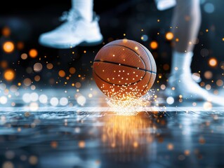 Closeup of a basketball midair, highresolution, player jumping in the background, squash racket and ball nearby, photorealistic, detailed and vibrant