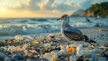 Seagull Stands Amid Beach Litter at Sunset, Highlighting Pollution Crisis