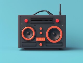 Fototapeta premium Retro-style black boombox with red accents and an antenna against a bright blue background.