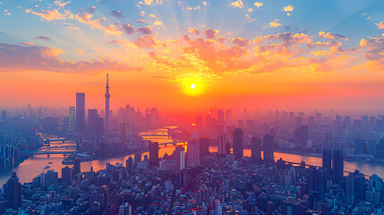 Obraz premium Golden Hour Glow Over City: Stunning Sunset Cityscape with Illuminated Buildings and Clear Sky