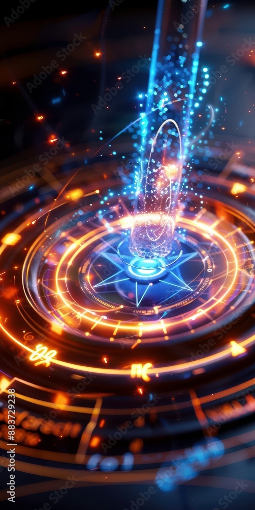Poster futuristic holographic interface with glowing geometric patterns and digital lights, perfect for hig