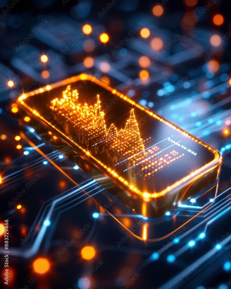 Poster futuristic smartphone displaying data charts, symbolizing technology and finance on a digital circui