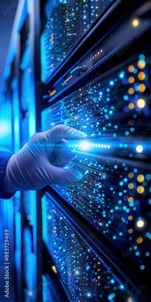 Poster gloved hand touching illuminated server rack in a data center, representing modern technology, netwo