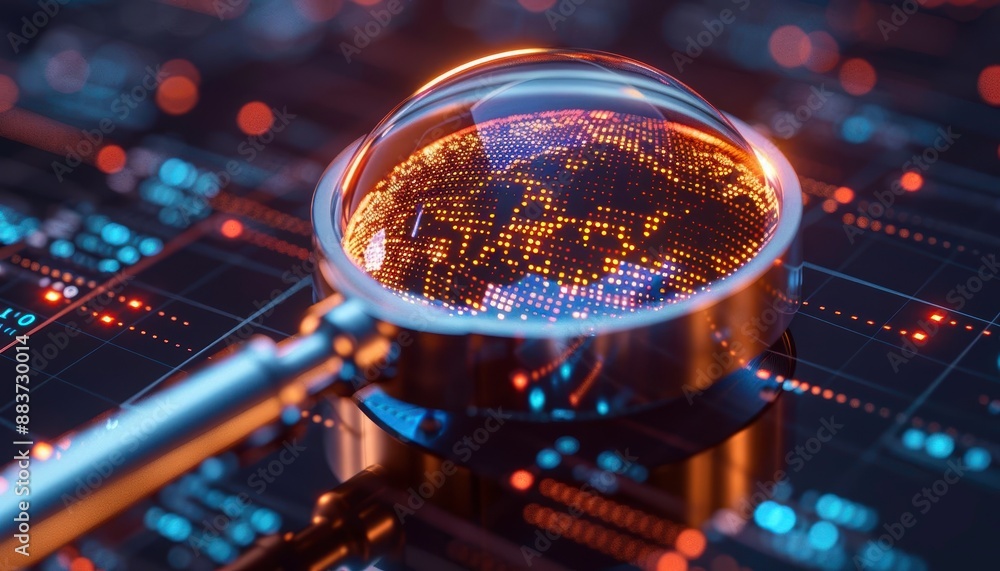 Poster Magnifying glass analyzing digital world map, representing concept of data analysis, cyber security, and technology in a high-tech environment.