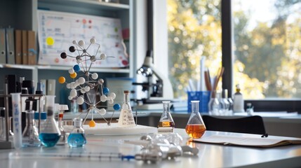 Innovative Precision: Modern Scientific Laboratory with Atomic Model, Geiger Counter, and Erlenmeyer Flasks in a Scholarly University Setting.