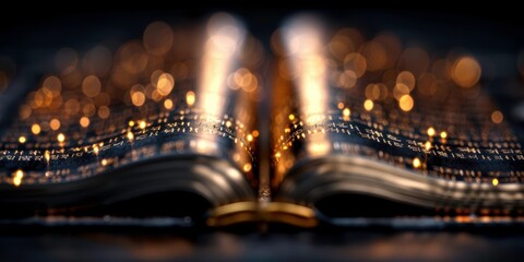 Open book with golden lights, creating a magical, mystical atmosphere. Perfect for literature, fantasy, and inspirational themes.