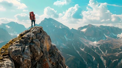 Fototapeta premium Tourist man hiker on top of the mountain. Active life concept. 