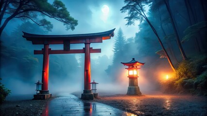 Old japanese shrine with red torii gate and illuminated lantern in foggy night, Japan, shrine, torii gate, lantern