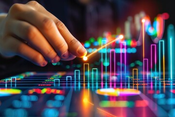 Data Analysis, Hand touching neon bar charts, Financial Insights