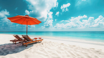 Fototapeta premium Perfect Beach Day. Loungers and Umbrella Under a Blue Sky