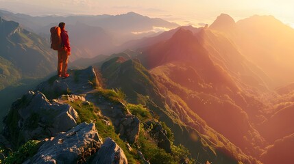 Obraz premium Tourist man hiker on top of the mountain. Active life concept. 