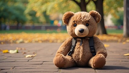 Teddy bear toy lost and found on the playground surface on a dismal dayA sad and lonely brown bear doll slept by itself in the park. International Missing Children Day Lost toy or concept of lonelines