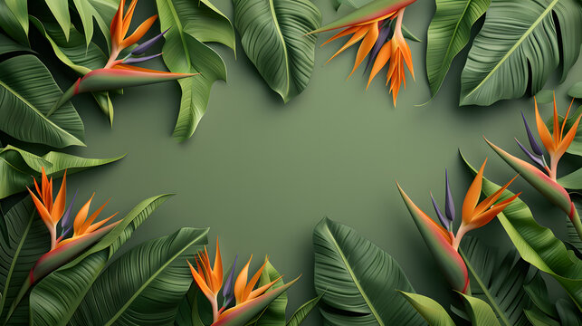 A vibrant green background is adorned with a lush frame of monstera leaves and striking bird-of-paradise flowers, creating a sense of exotic escape.