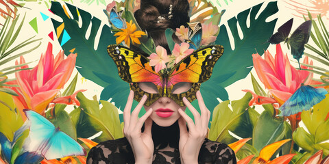 Vibrant Butterfly Masked Woman with Tropical Floral Headpiece and Butterflies