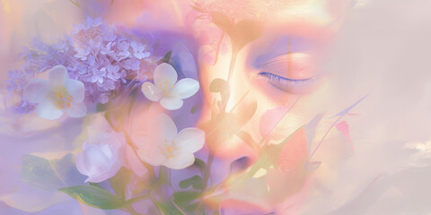 Dreamy Floral Portrait Subtle Blend of Nature and Human Emotions in Pastel Shades