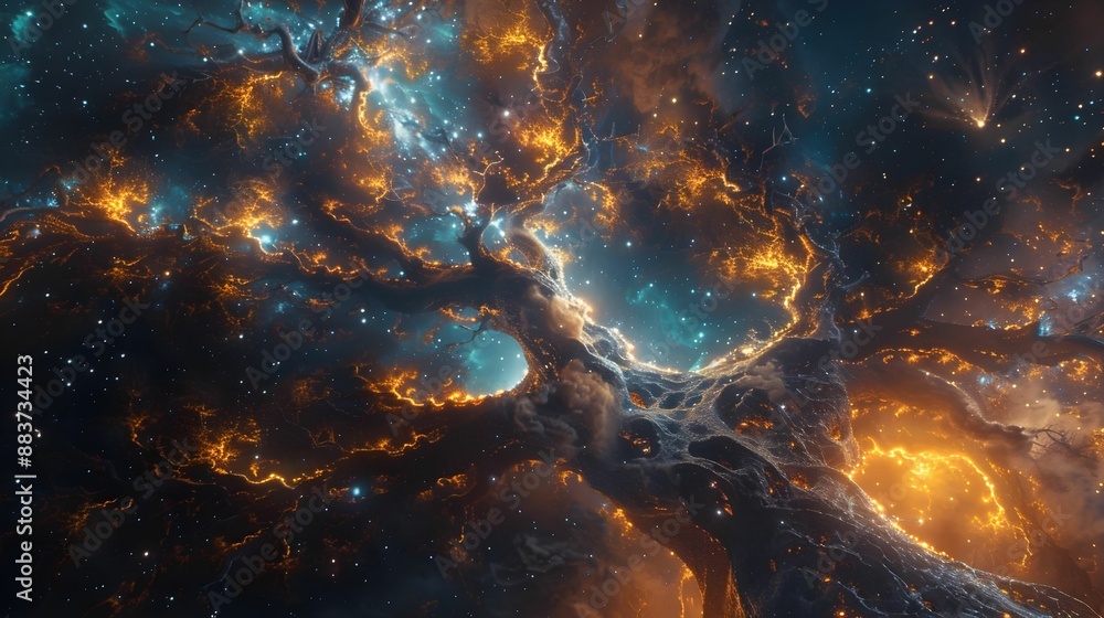 Wall mural spinal cord as a luminous spine-like tree with branches extending into a star-filled sky.