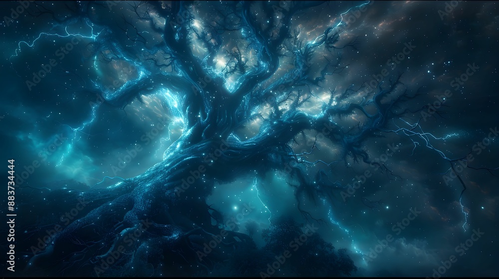 Wall mural spinal cord as a luminous spine-like tree with branches extending into a star-filled sky.