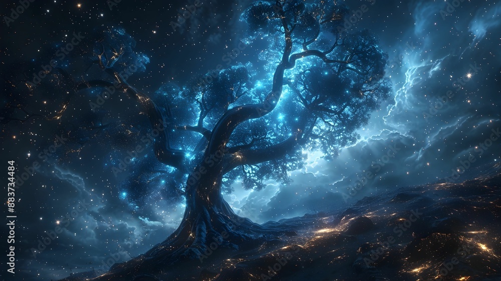 Wall mural spinal cord as a luminous spine-like tree with branches extending into a star-filled sky.