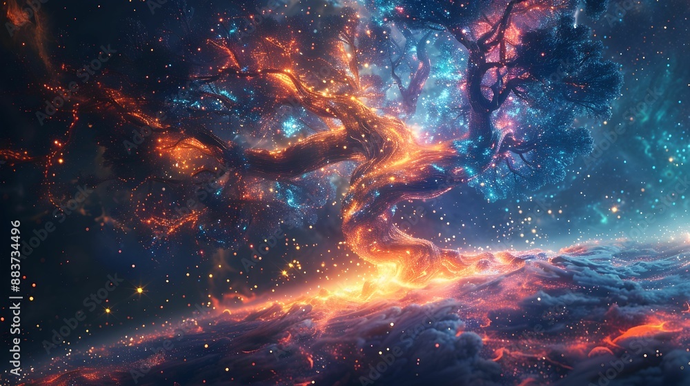 Wall mural spinal cord as a luminous spine-like tree with branches extending into a star-filled sky.