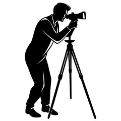 Silhouette of man taking photo using tripod, photographer, vector illustration whit white beckground
