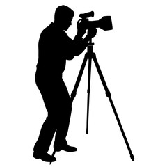 Silhouette of man taking photo using tripod, photographer, vector illustration whit white beckground
