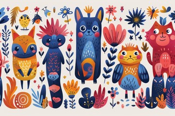 Naklejka premium Seamless pattern of whimsical characters and creatures.