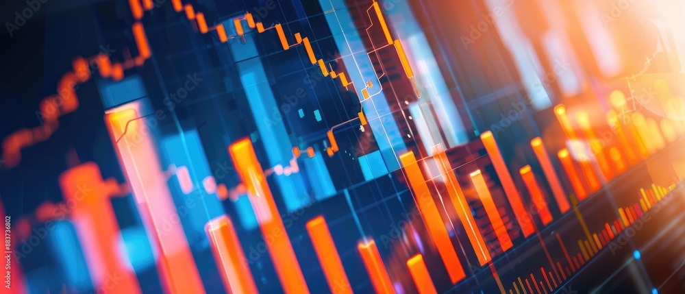 Poster close-up view of a financial bar chart with a prominent uptrend line, seamlessly integrated with an 
