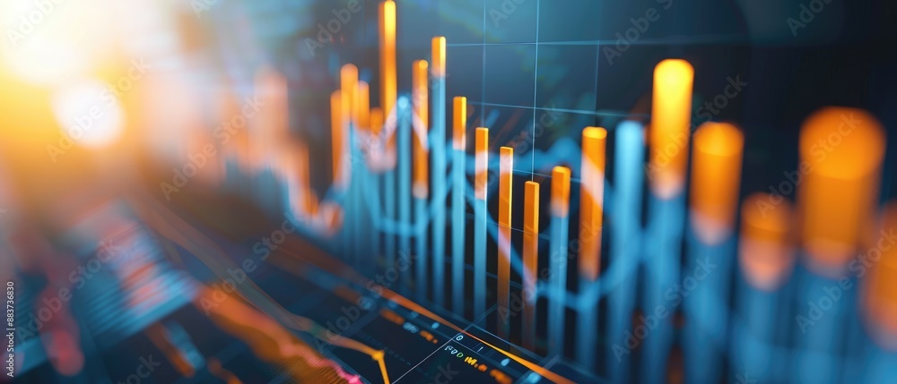 Poster close-up view of a financial bar chart with a prominent uptrend line, seamlessly integrated with an 