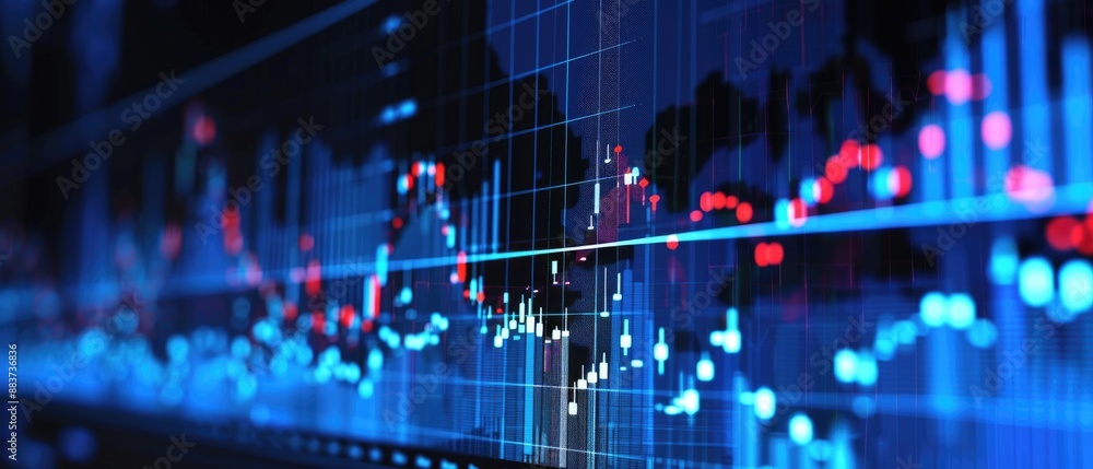 Poster close-up view of a financial bar chart with a prominent uptrend line, seamlessly integrated with an 