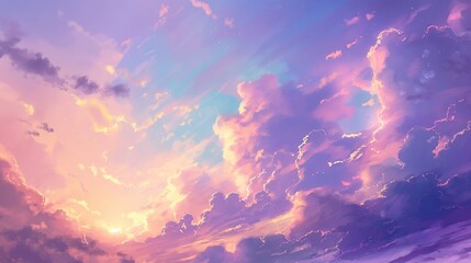 Anime Style, Dreamy Sunset Sky with Vibrant Clouds in Pink and Purple - Ideal for Inspirational Posters and Backgrounds