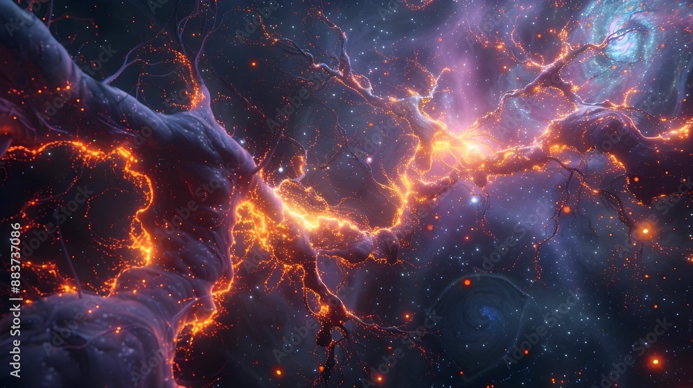 Wall mural nerve fibers depicted as glowing threads weaving through a cosmic tapestry, creating intricate patte