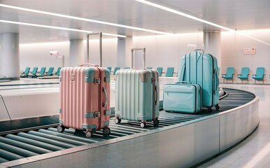 Pastel-Colored Suitcases on Airport Conveyor Belt