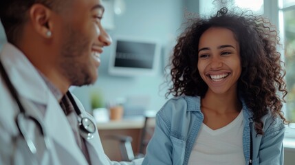 Fototapeta premium A smiling doctor and a happy patient sharing a positive interaction in medical clinic, generative ai