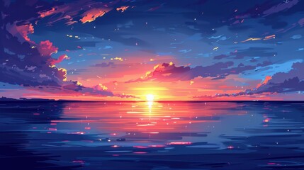 Obraz premium Stunning sunset over tranquil ocean with vibrant sky colors; a breathtaking seascape perfect for relaxation and nature appreciation.