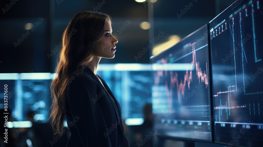 Poster business woman is analyzing business data using computer technology.generative ai