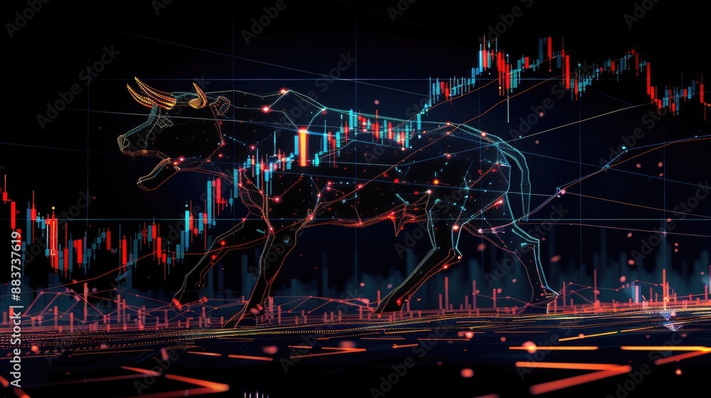 Poster candlestick chart with a bold uptrend line, capturing the essence of a powerful bull run.generative 