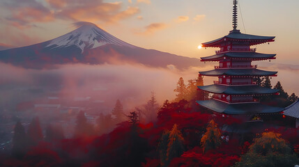 Five-story red pagoda, Chureito alongside Mount Fuji. A viewpoint that combines the essence of Japan in one place. Generative AI illustration 