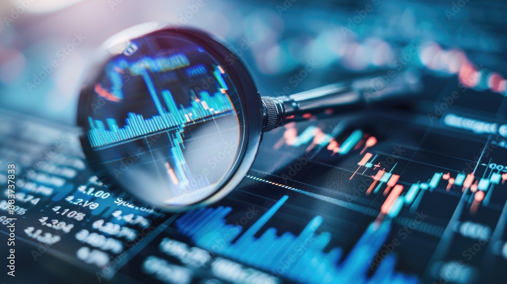 Poster close up of magnifying glass search over graph chart of stock market showing finance and technology 
