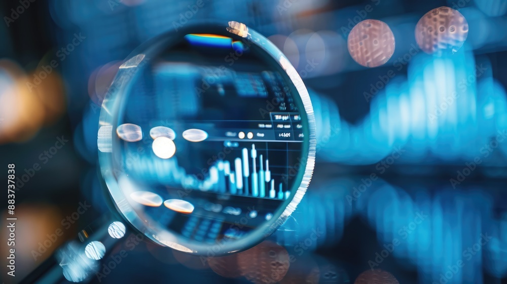 Poster close up of magnifying glass search over graph chart of stock market showing finance and technology 