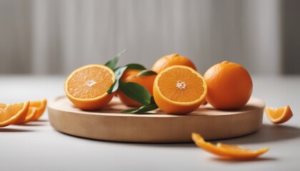 A bunch of fresh organic orange fruit in a wooden plate isolated on white background