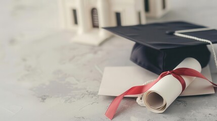 Diploma rolled up with ribbon, cap placed next to it, university building in background, Education, Celebration