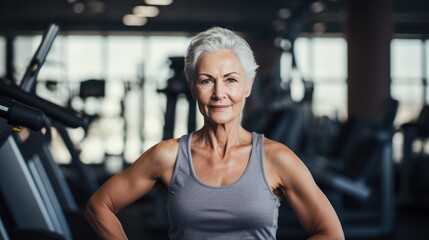 Fototapeta premium Portrait of sporty elderly woman in gym.generative ai
