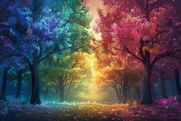 A lush forest landscape with trees displaying leaves in every color of the spectrum, illuminated by soft sunlight, Fantasy, Digital Art, Rich and vibrant hues