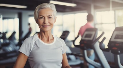 Obraz premium Portrait of sporty elderly woman in gym.generative ai