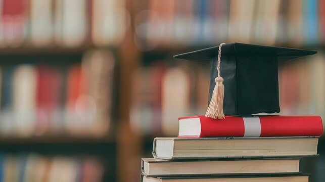 Cap and diploma on a stack of books, library setting, Celebration, Education