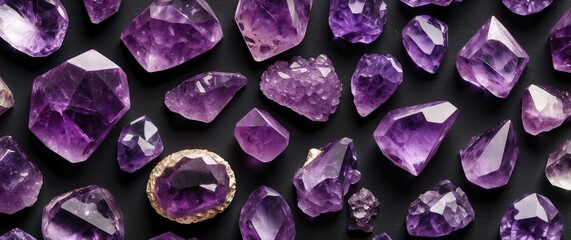 Fototapeta premium Vibrant collection of purple amethyst gemstones on a black background, showcasing elegant beauty