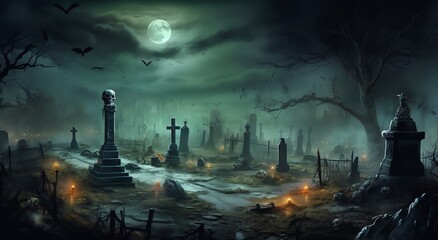 An eerie graveyard on Halloween night, bathed in the glow of moonlight